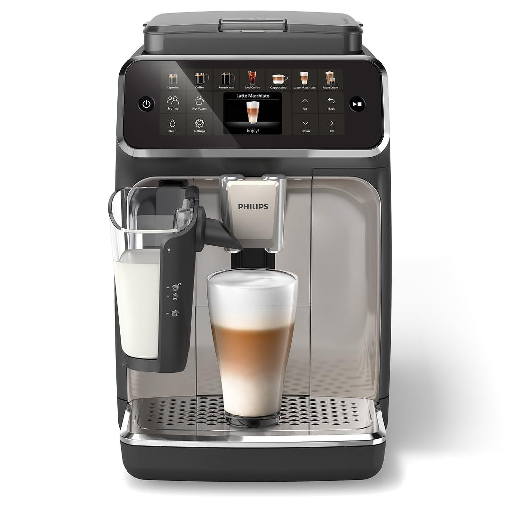 Philips 4400 Series Fully Automatic Espresso Machine, LatteGo Milk System, Integrated Grinder, 12 Hot & Iced Coffee Pre-Sets, Quick Start, SilentBrew, 15-Bar Pressure, Black Chrome (EP4444/90)