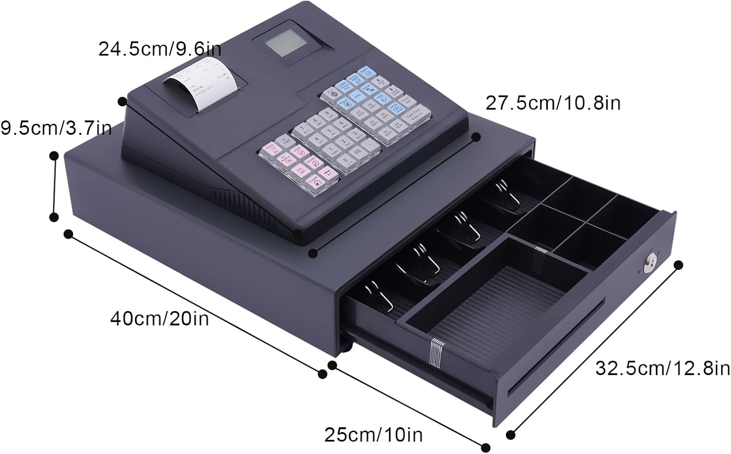 ECR600 Cash Register 38 Keys POS Cash Register for Small Businesses ATM Machines for Sale, Quick Load Thermal Printer, Compact Size, Cash and Coin Drawer, Black