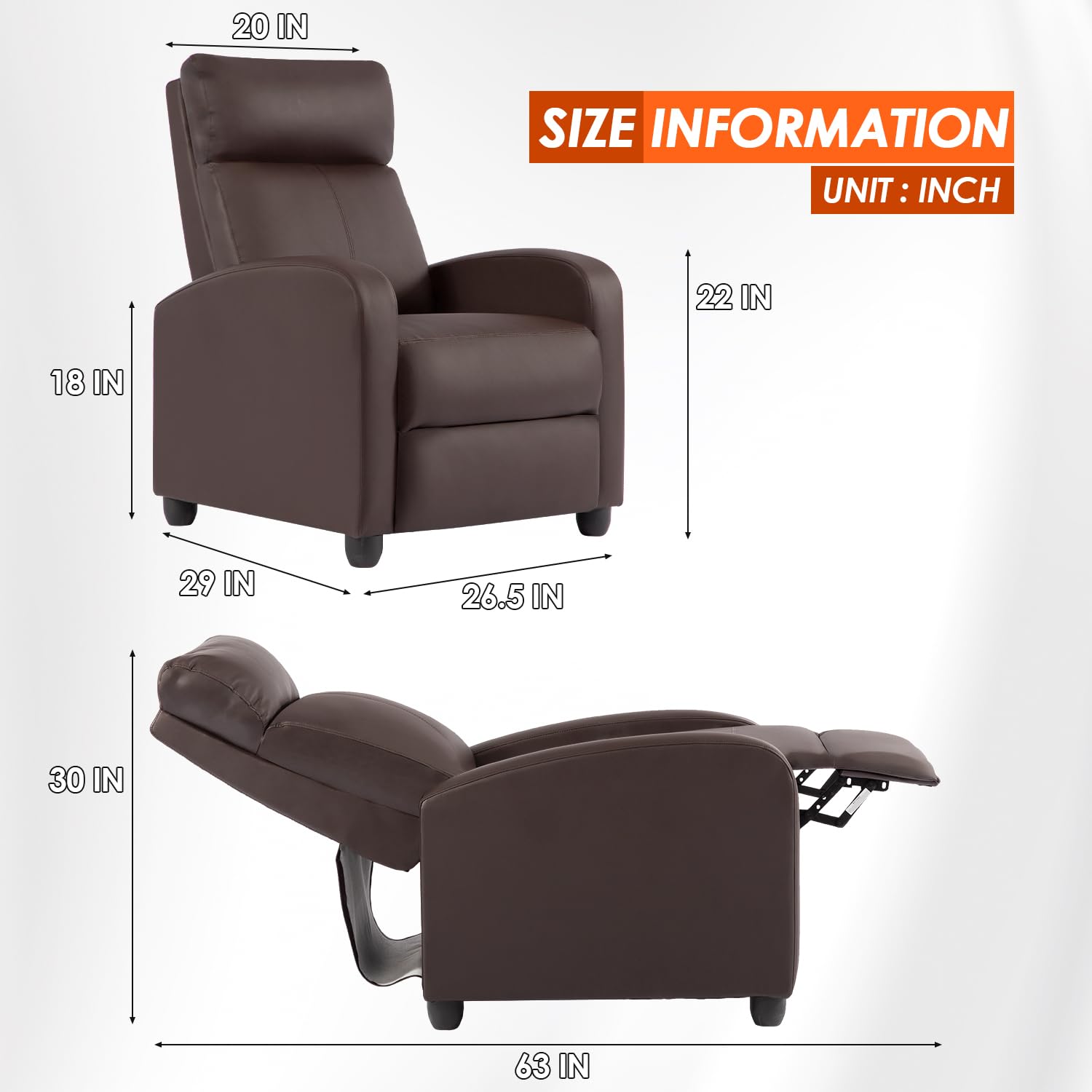 BestMassage | Recliner Chair | with 2 Point Massage Function | Pu Brown | with Lumbar Support, Adjustable Push Back, Footrest & Padded Seat | Easy Assembly | for Living Room, Home Theatre