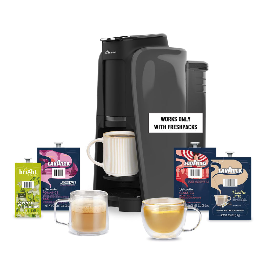 Flavia Aroma Brewer Bundle with 84 Freshpacks and 1 Merchandiser - Coffee Machine, Makes Coffee, Lattes, Tea, and other Hot or Iced Beverages, Multiple Brew Sizes, Black, Works ONLY with Freshpacks