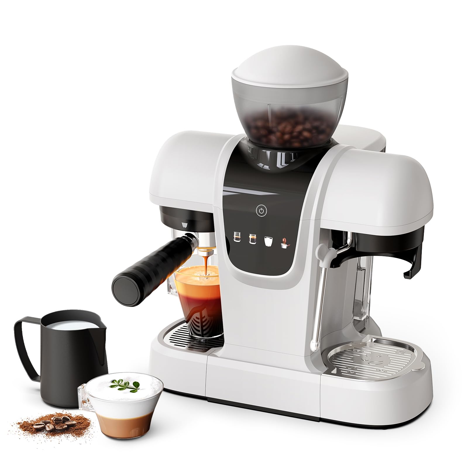 20 Bar Espresso Machine with Grinder & Steam Wand - Semi Automatic Coffee Maker, NTC Intelligent Temp Control, 58mm Stainless Steel Portafilter, One-Touch Panel for Home Barista (BLACK)