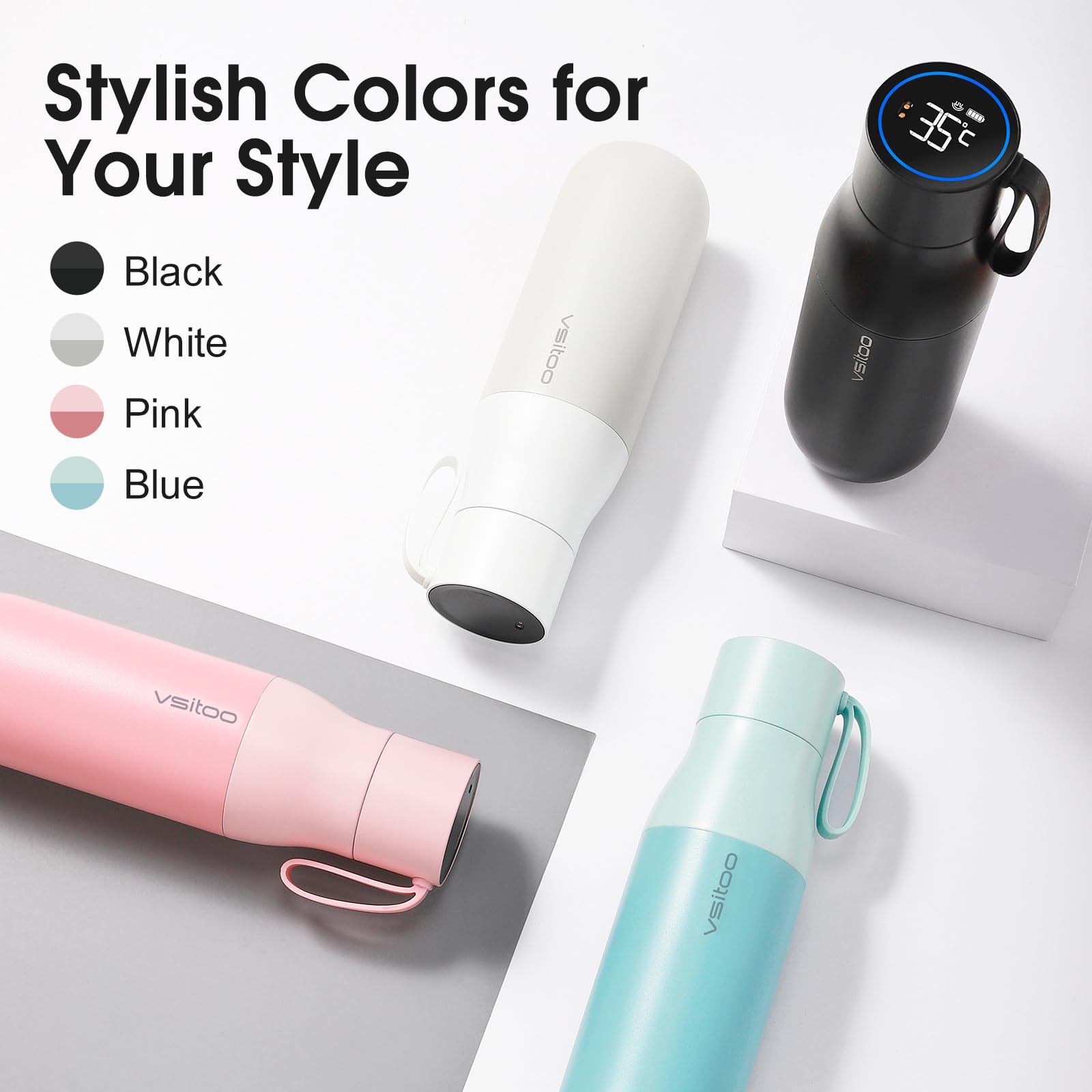 VSITOO 15oz Mini Smart Water Bottle，Self-Cleaning Insulated Bottle, Small Thermoses with AI, App & Touchscreen, Perfect Purse Water Bottle for Travel, Gym & Office, Pink