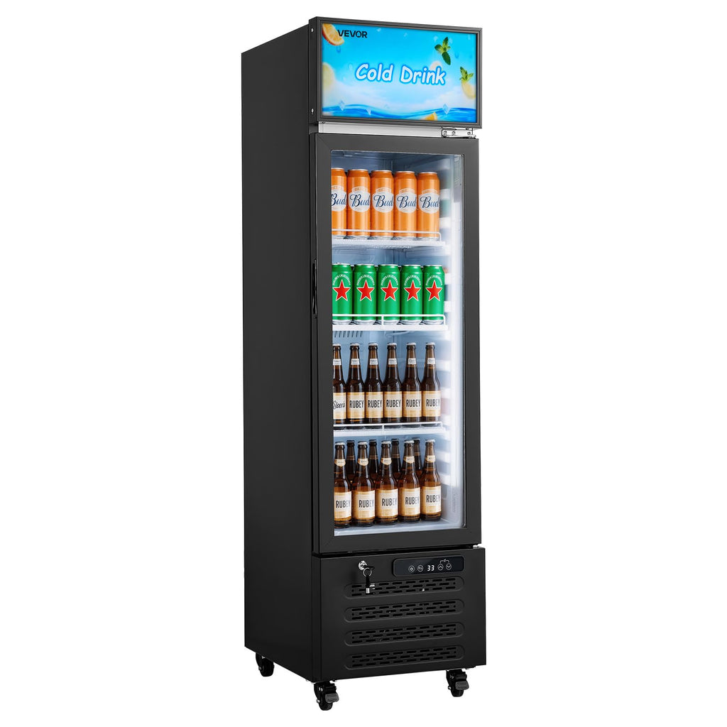 VEVOR Commercial Merchandiser Refrigerator, 6.9 Cu.Ft / 195L Glass Door Display Refrigerator, Upright Beverage Cooler Fridge with 4 Adjustable Shelves, Soft LED Light & Casters for Homes Shops Bars