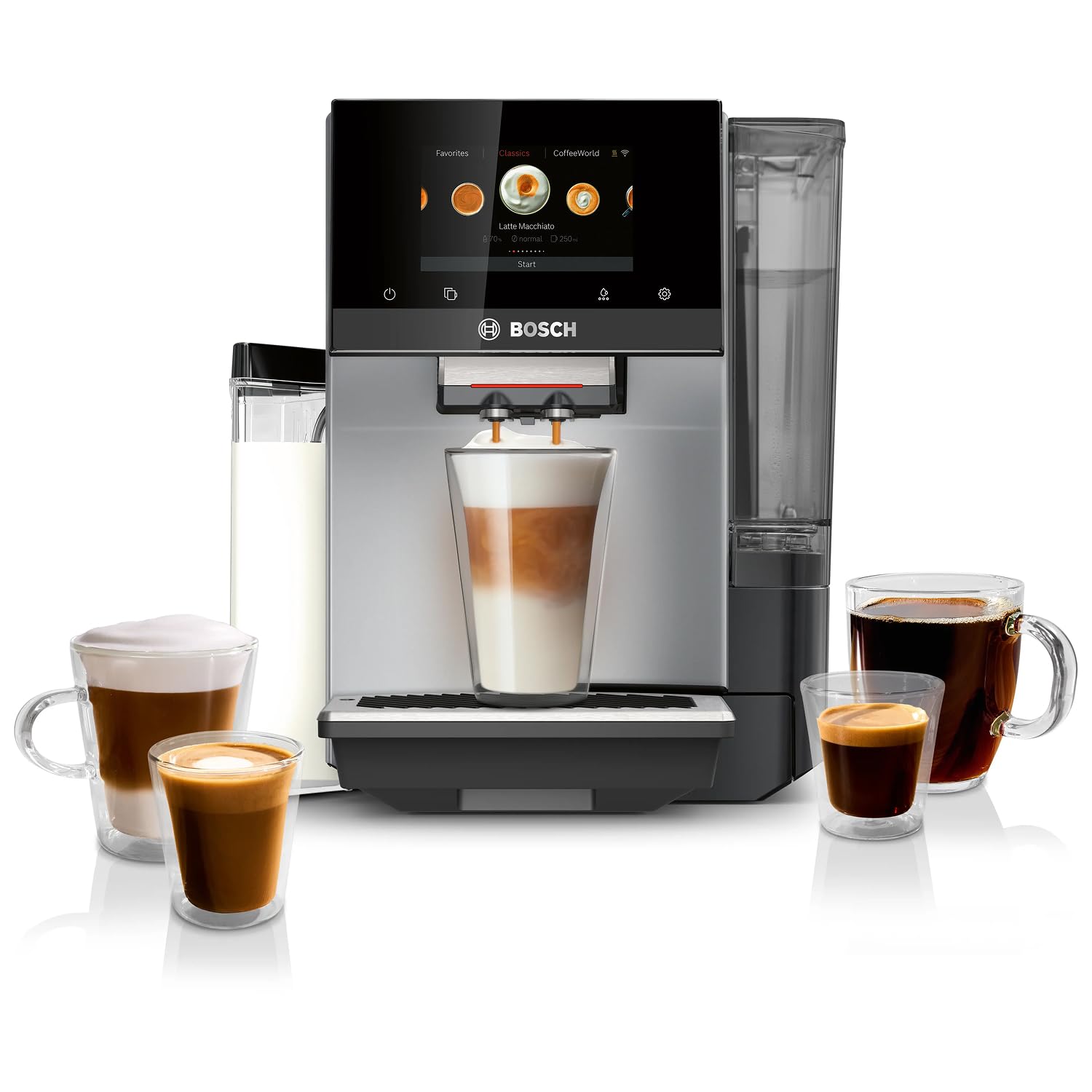 Bosch Fully Automatic Coffee and Espresso Machine - 36 Drinks, Double Cup Barista Style Super Coffee Maker - Touchscreen, Large Bean Capacity - Easy Clean, Maintenance - Stainless Steel - TQU60703