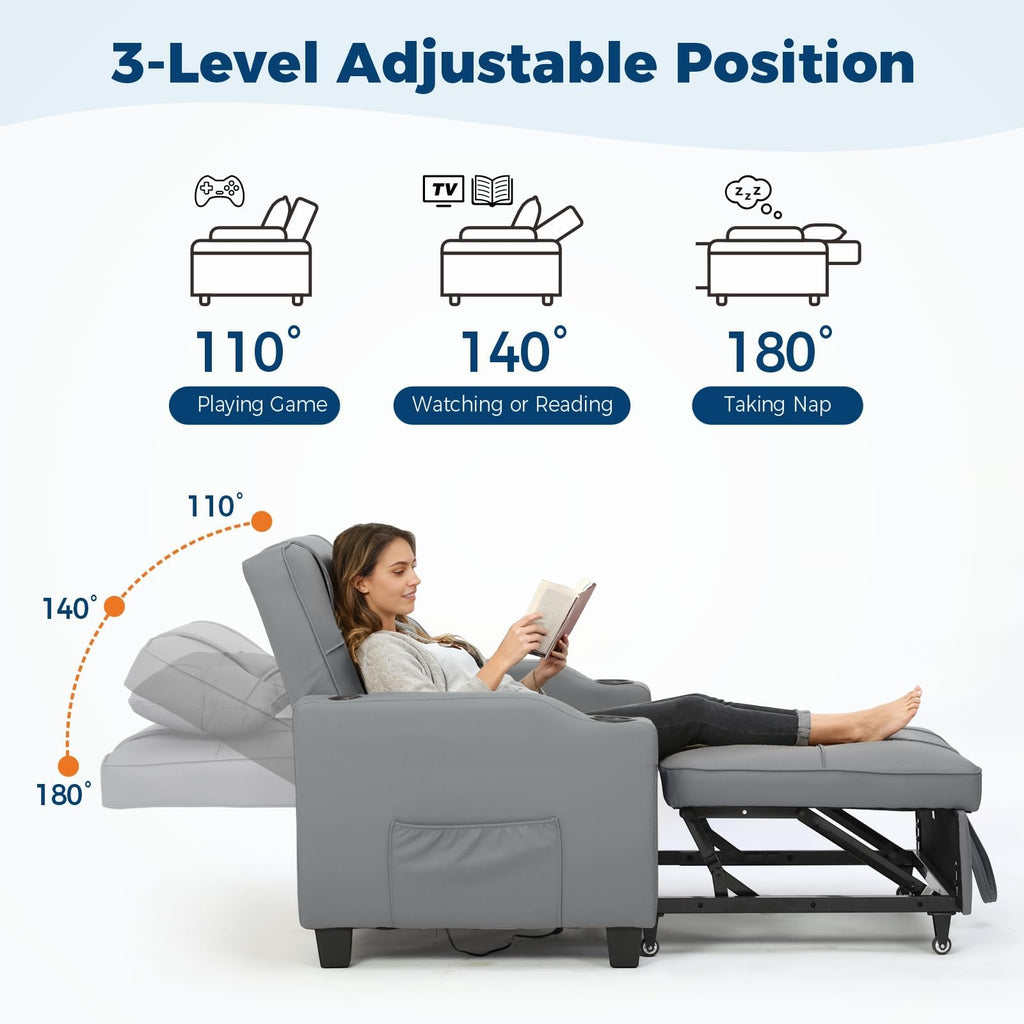 Sleeper Chair Pull Out Bed, 4 in 1 Convertible Sofa Chair Bed with Vibration Massage Lumbar Pillow, Single Sofa Recliner with USB/Type-C Port, Cup Holders and Side Pocket for Small Spaces (Brown)