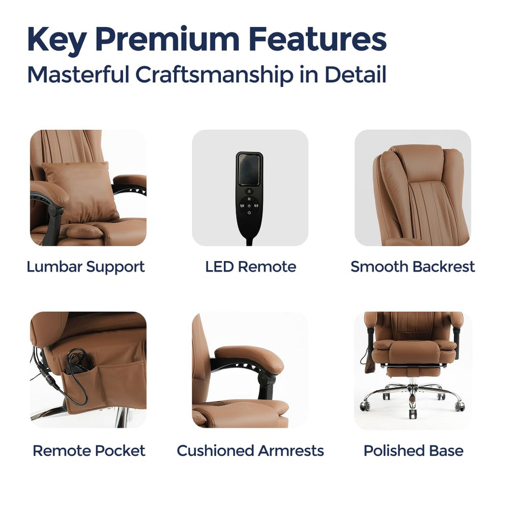 Orbis 4-Point Kneading Heated Massage Office Chair with Foot Rest | 500lbs Big & Tall Ergonomic Executive Desk Chair for Heavy People | Reclining Home Office Computer Chair | Leather Caramel