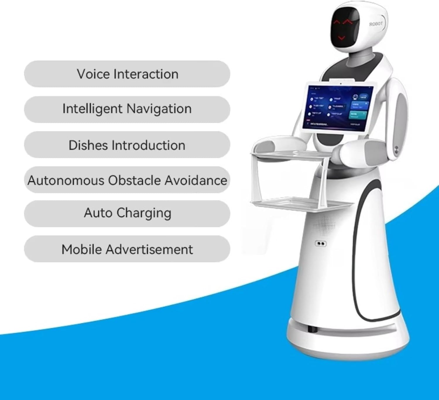 Restaurant Delivery Robot with Smart Navigation and Autonomous Obstacle Avoidance, AI Service Robot with Dual Tray, Touch Screen and Voice Assistant for Restaurant Hotel Cafe Hospitality Service