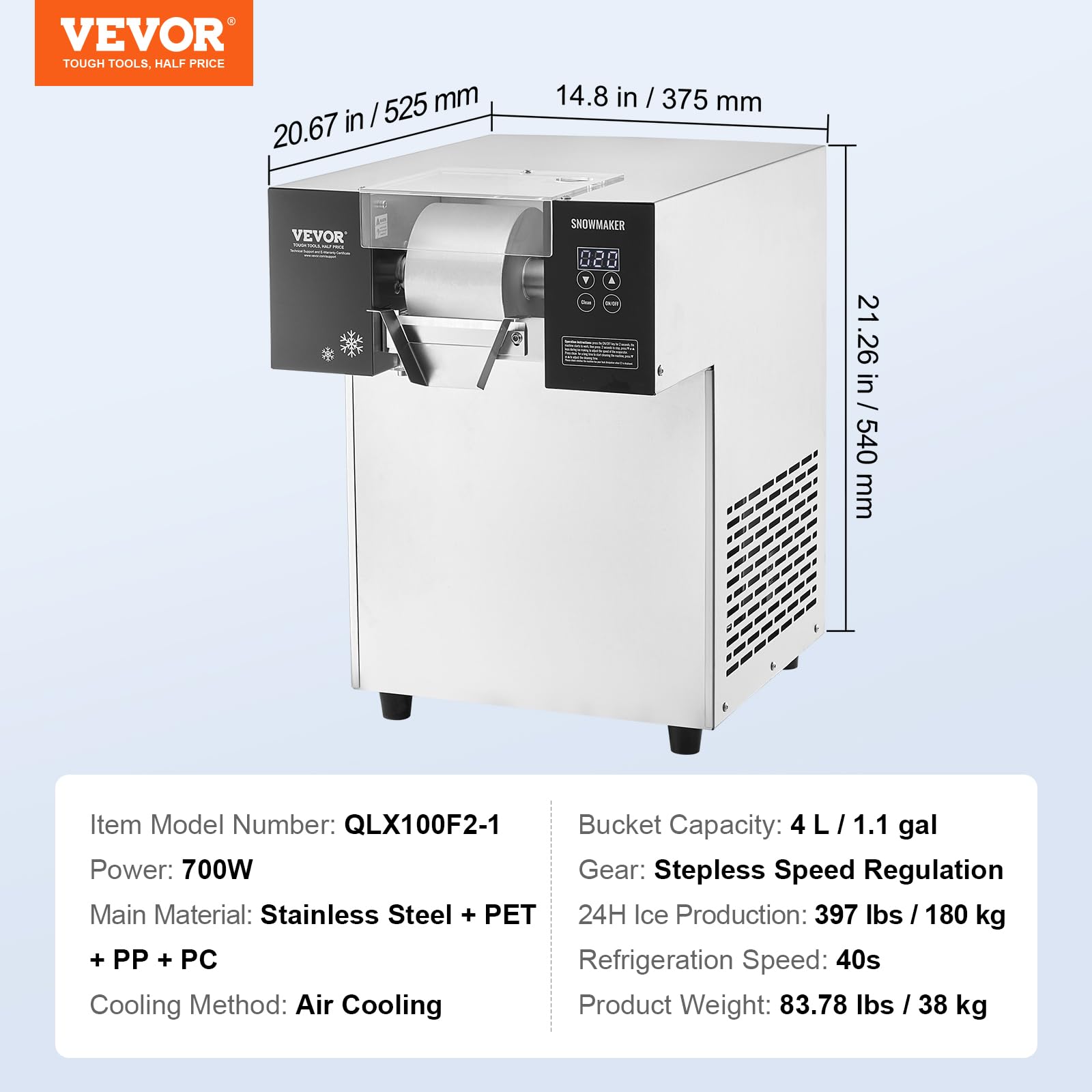 VEVOR Commercial Snowflake Ice Machine, 397LBS/24H Snowflake Ice Maker, Stainless Steel Ice Shaver Machine, Electric Snow Cone Maker, Liquid Cooling System for Rapid Heat Dissipation, Ice Cream