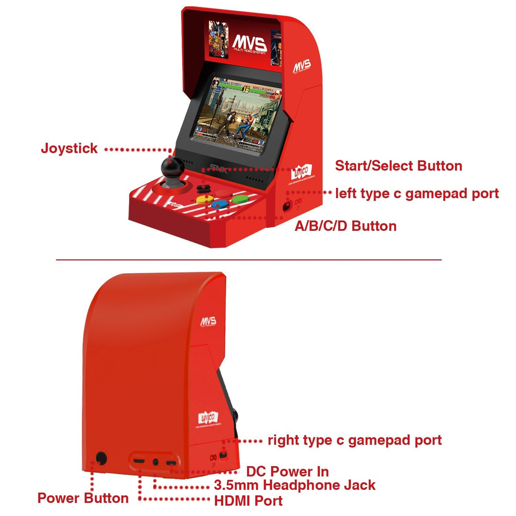 UNICO MVS Mini Home Arcade Machine, 45 Pre-Loaded Classic Games:10 KOF / 5 Metal SLUG / 7 Fatal Fury / 6 Samurai SHODOWN and More, 3.5inch Screen, HDMI and Gamepads Port