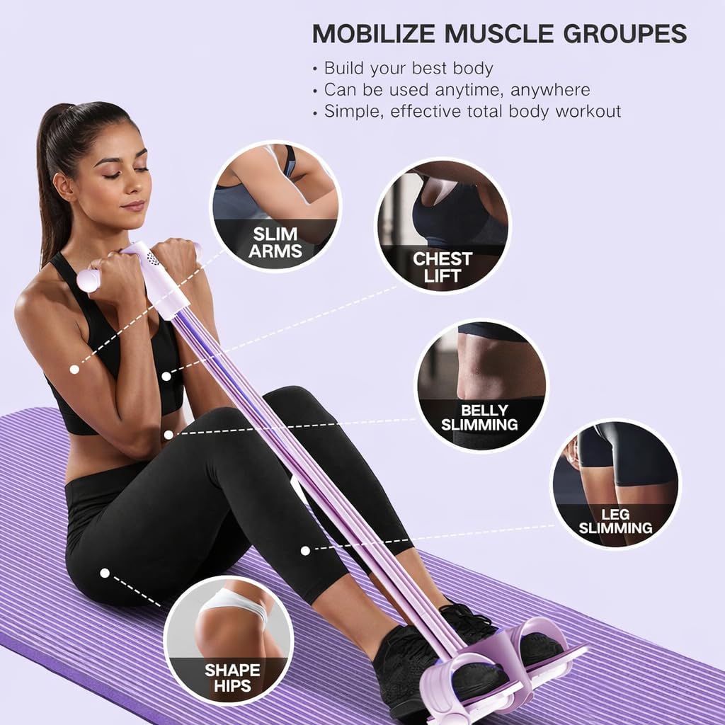Smart Foot Pedal Puller with Digital Counter and Handles, 6-Tube Resistance Band for Yoga, Full Body Stretching, Home Workout-Purple