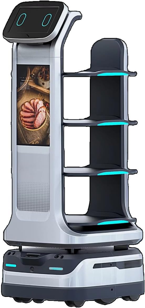 Autonomous Restaurant Service Robot – Smart Waiter for Food & Drink Delivery, Contactless Commercial Meal Server, Large Tray Collection, Automatic Obstacle Avoidance, Self-Charging, Indoor Navigation