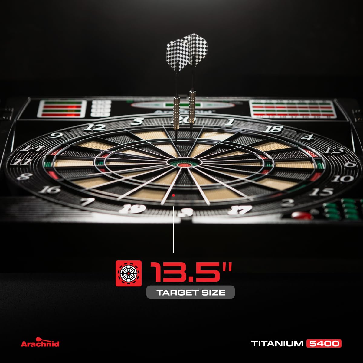 Arachnid Titanium 5400: 13.5” Target with Integrated Cabinet. Offers 38 Games, 316 Variations, Color LED Scoring, and Solo Play. Includes Double in/Out Modes for Competitive Game Room Fun.