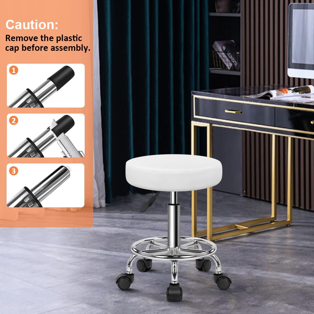 KKTONER PU Leather Round Rolling Stool with Foot Rest Swivel Height Adjustment Spa Drafting Salon Tattoo Work Office Massage Stools Task Chair Small (Black)