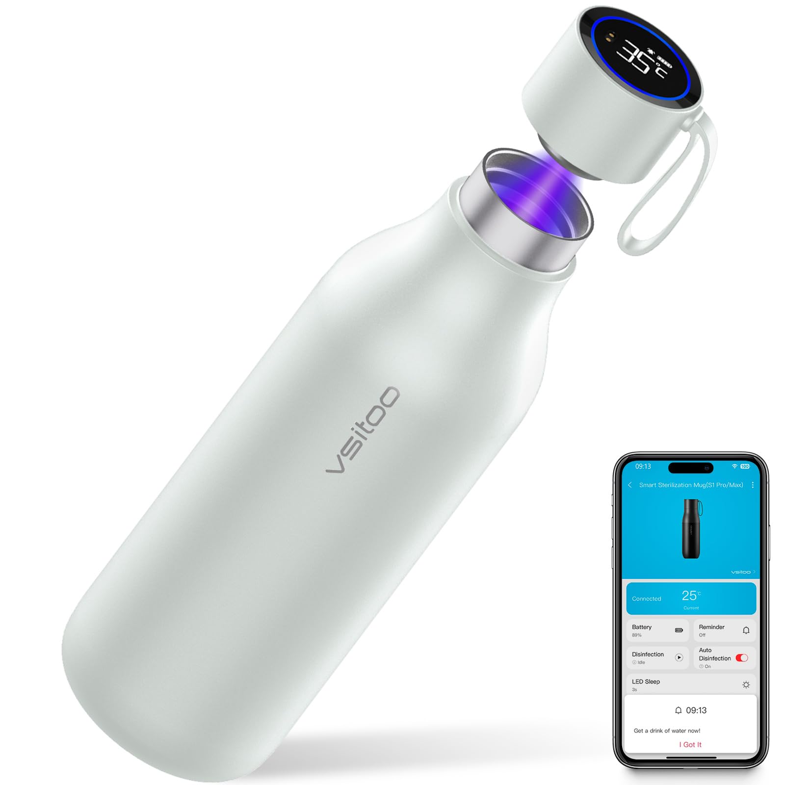 VSITOO 33oz Smart Self-Cleaning Water Bottle，Large Insulated Stainless Steel Bottle with AI Self-Clean, 30-Day Battery & Magnetic Charging for Outdoor Travel, Gym or Office, Pink