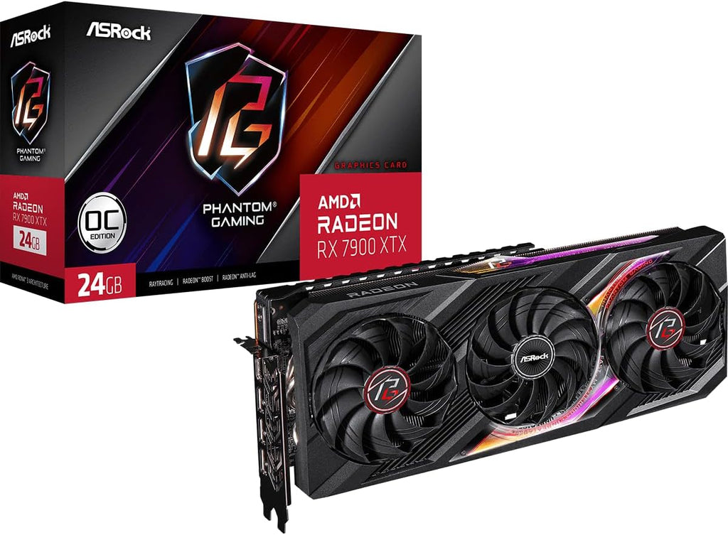 ASRock Radeon RX 7900 XTX Phantom Gaming 24GB OC Graphics Card, 2615 MHz Boost Clock, 24GB GDDR6, DisplayPort 2.1, HDMI 2.1, Triple Fan Cooling