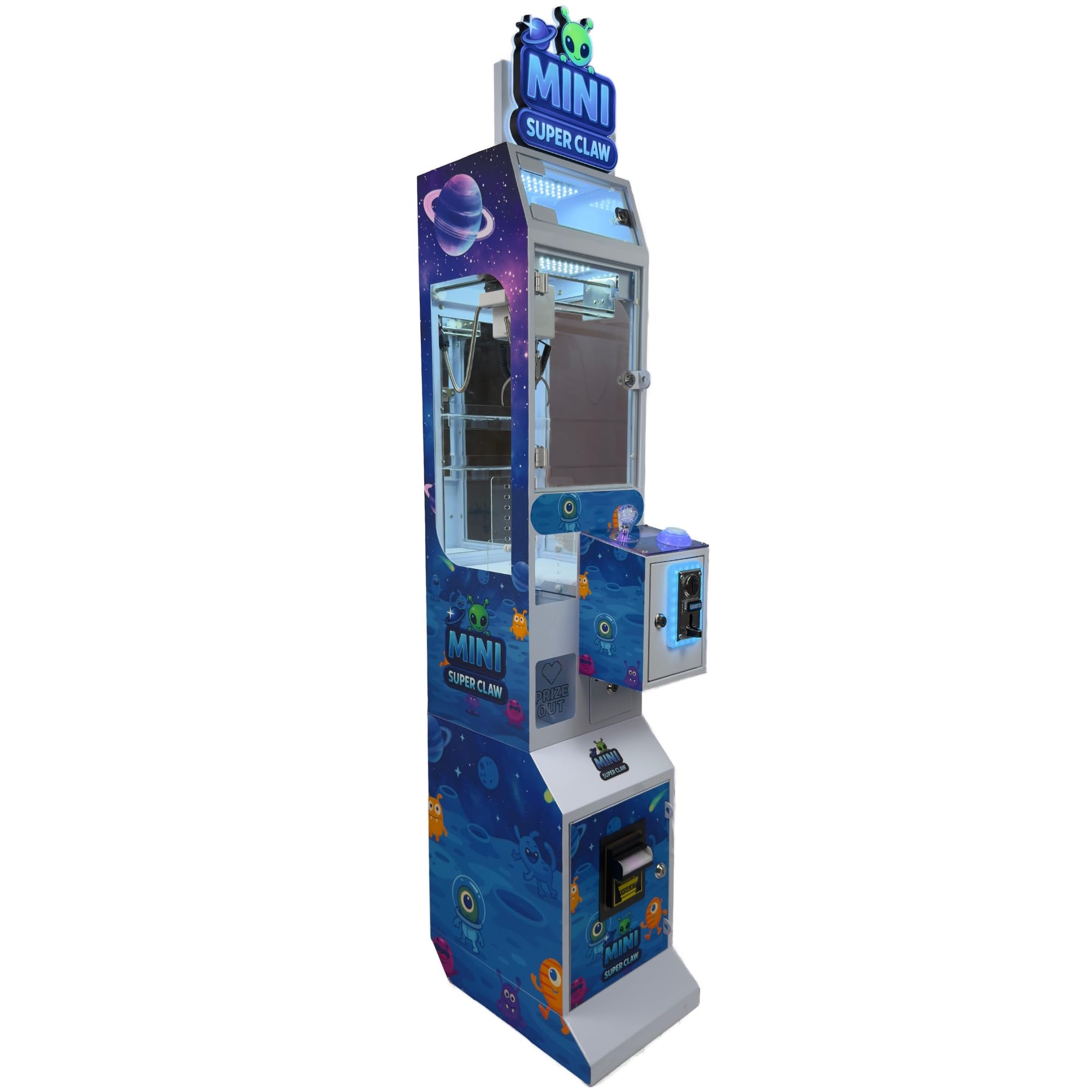 Mini Claw Machine - Coin & Bill Operated Vending Unit - Arcade Style Prize Dispenser for Events,Stores or Game Rooms - Space Theme