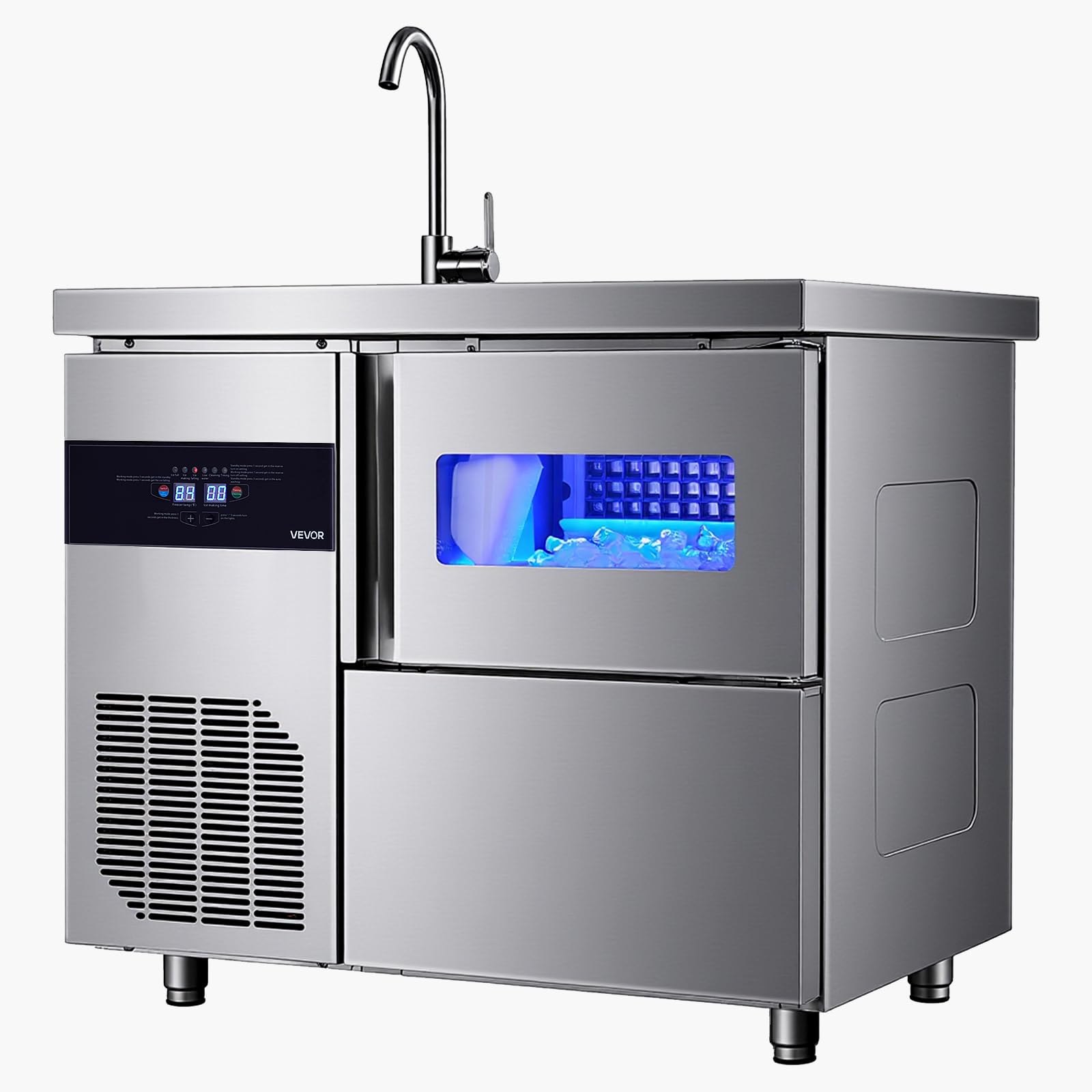 VEVOR Commercial Ice Maker Machine, 330 lbs/24H Stainless Steel Ice Machine with Worktop, 88 lbs Storage & 144 Cubes/Cycle, Self-Cleaning Freestanding Ice-Making for Home Bar Office Restaurant Kitchen