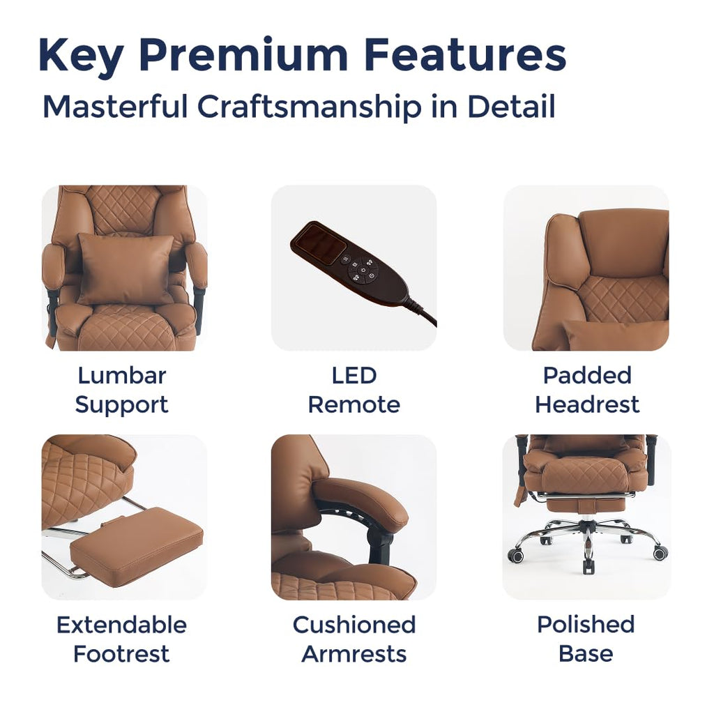 Ergonix Massage Office Chair with 2-Point Kneading & Heat | Reclining Ergonomic Executive Desk Chair | Adjustable Height Footrest Lumbar Support | 500 lbs Capacity | Dark Brown Leather