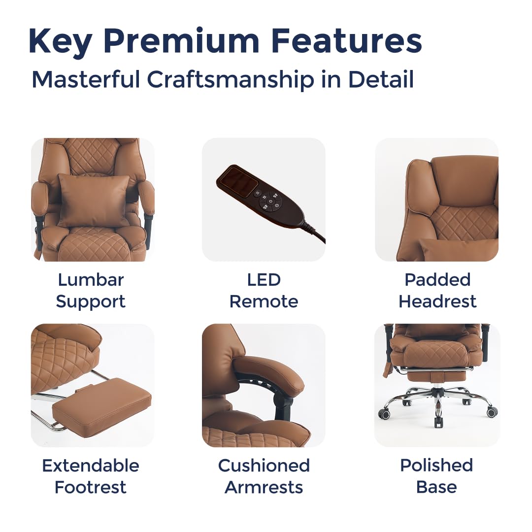 Ergonix Massage Office Chair with 2-Point Kneading & Heat | Reclining Ergonomic Executive Desk Chair | Adjustable Height Footrest Lumbar Support | 500 lbs Capacity | Dark Brown Leather