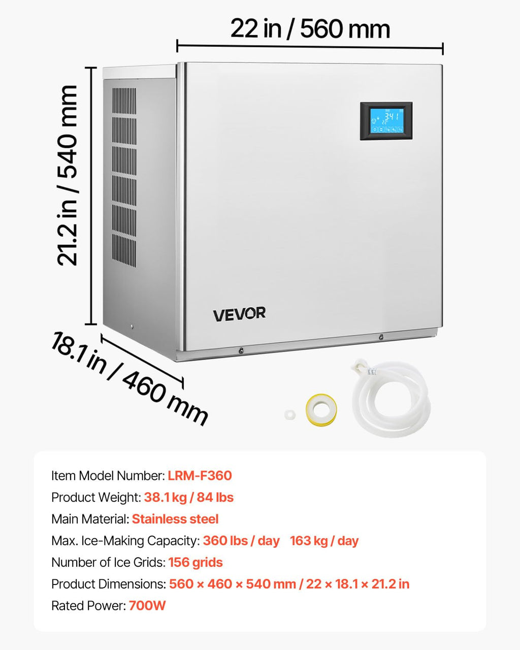 VEVOR Commercial Ice Maker Machine - Head, 300 Lbs/Day Stainless Steel Ice Machine with Scheduled Ice-Making, Self-Cleaning, Adjustable Thickness, Ideal for Restaurant Bar Cafe Hotel - Head Only