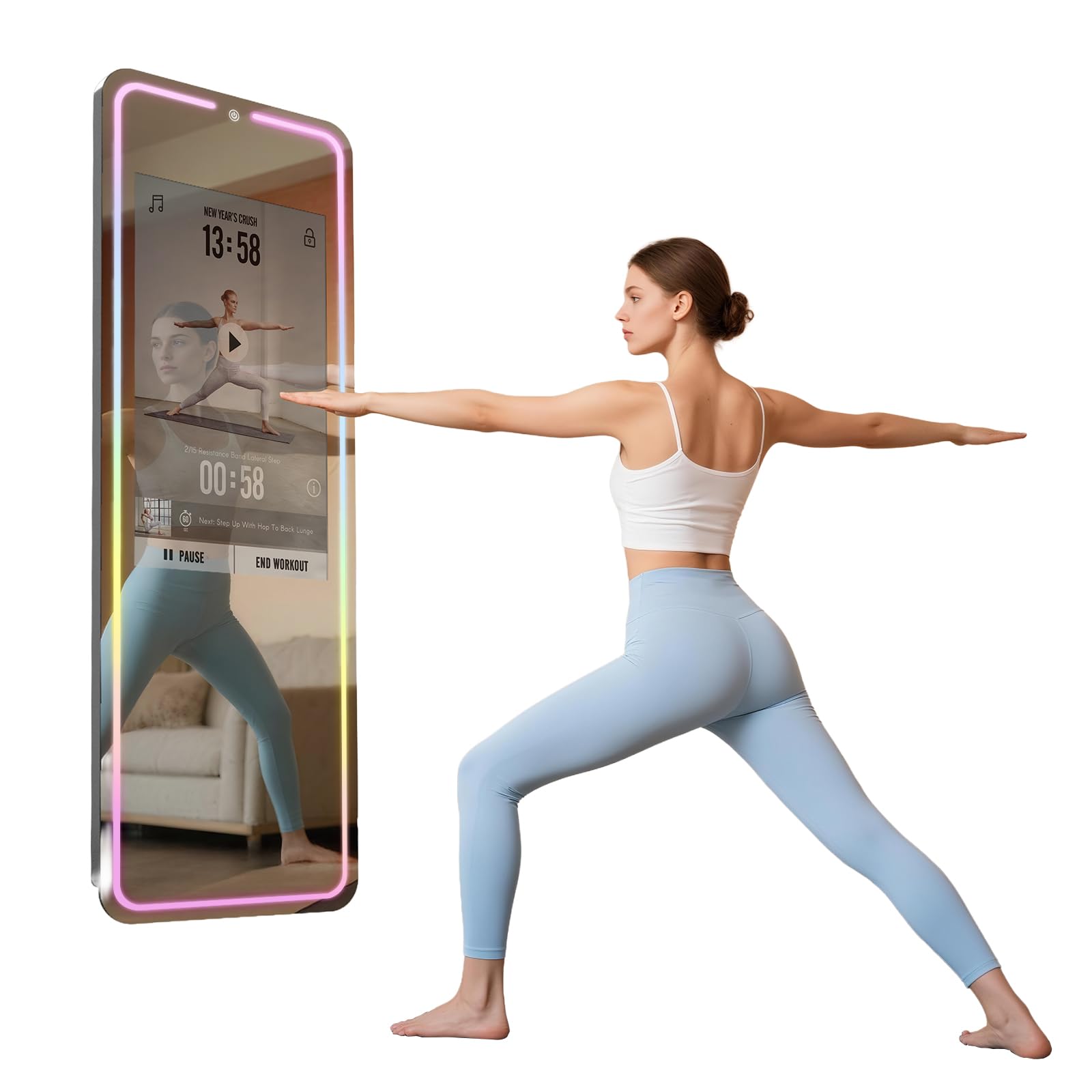 Smart Gym Mirror for Home Workout | 32" HD Touch-Screen Andriod OS | 63" Reflective Surface | No VIP Fees Support Various APPs, Music Sync LED Light Strip, for Home Gym/Yoga/Dance