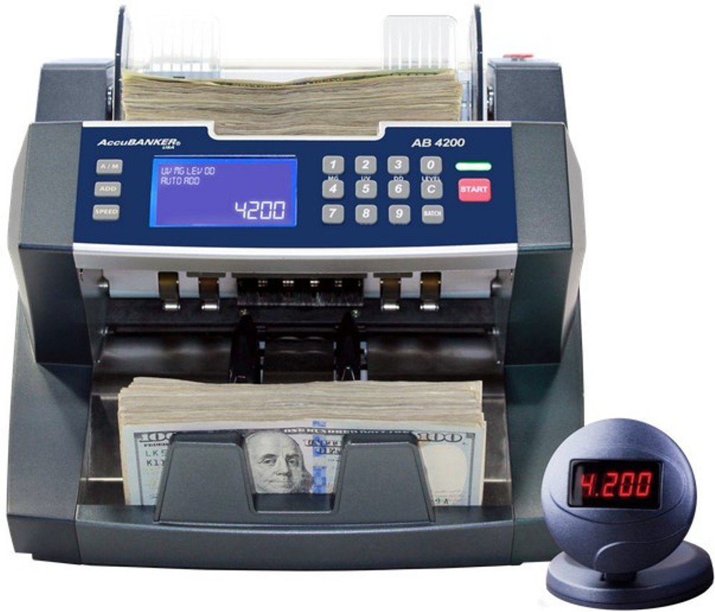 AccuBANKER AB4200MGUV Bill Counter Machine, 300 Bills Hopper Capacity Variable Counting Speeds up to 1,800 Bills/Min with 3-Point Counterfeit Detector Magnetic Ultraviolet, Commercial Grade, UL & CE