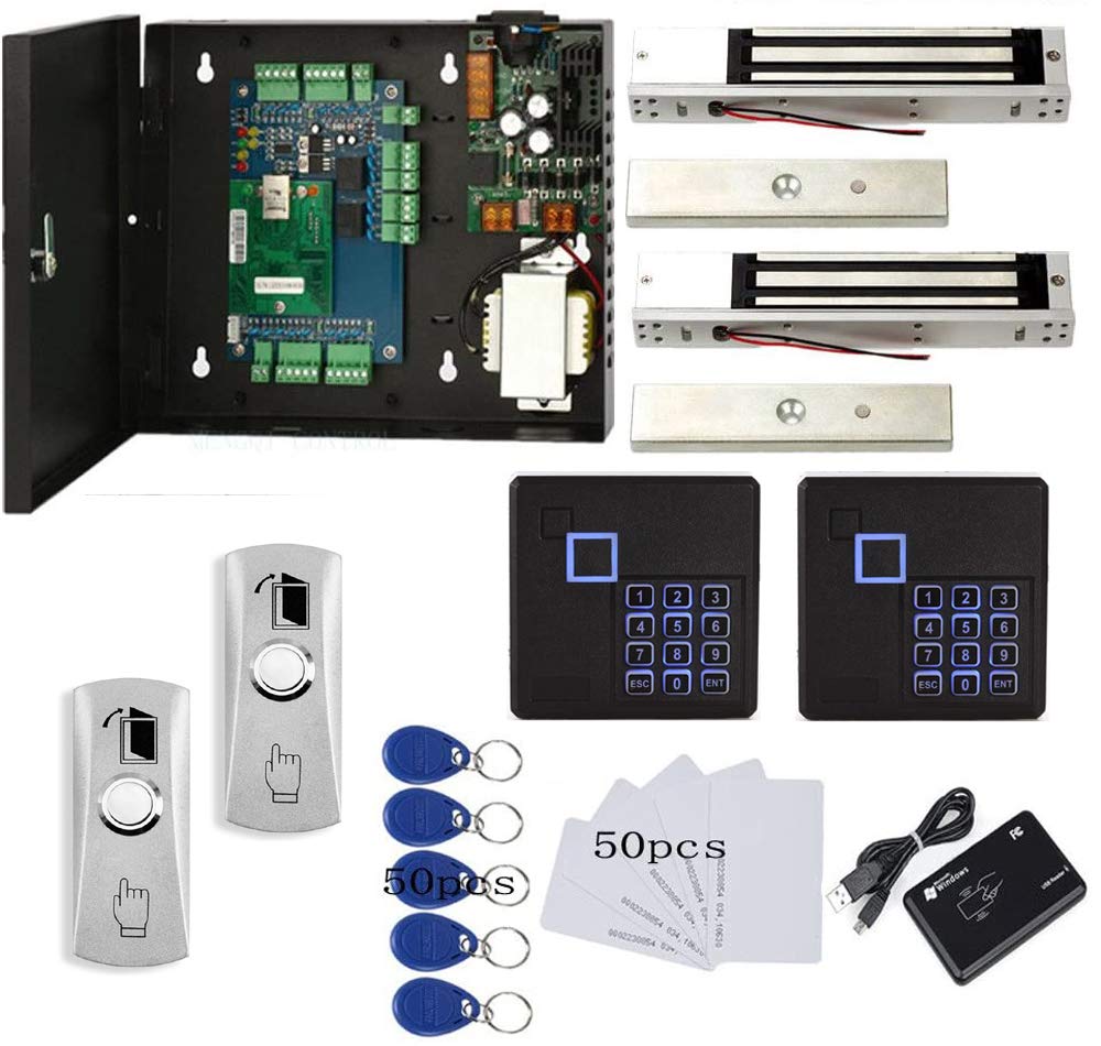 4 Doors RFID/Password Door Lock System Smart Access Control Keyless Entry Systems Keypad Reader Electric Magnetic Lock 110V Power Supply Box (Phone APP Remote Open Door)