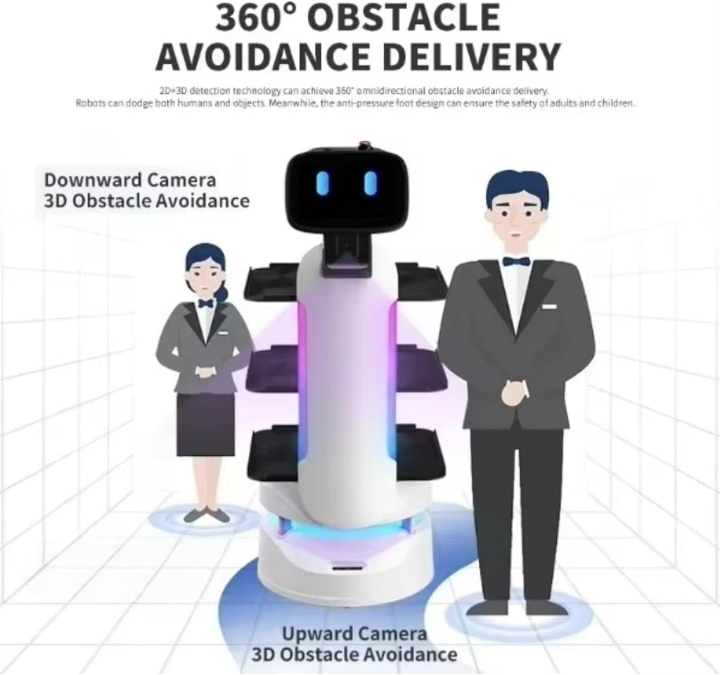 Humanized Delivery Robot with Smart Table Locator System, Shock-Absorbing Structure & Precise Speed, Multi-Table Service Robot for Restaurant Hotel, Auto Charge & Long Working Time