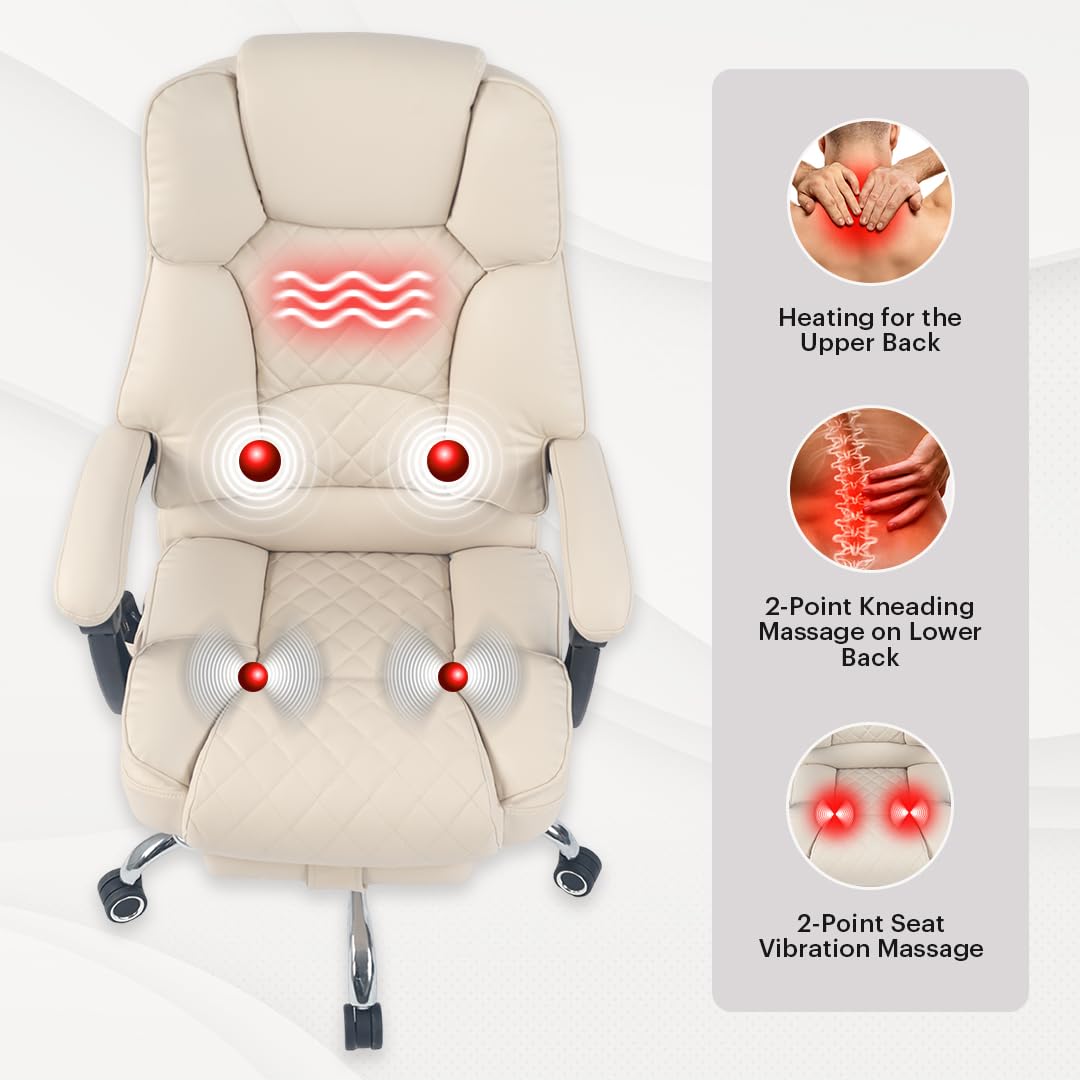 Ergonix Massage Office Chair with 2-Point Kneading & Heat | Reclining Ergonomic Executive Desk Chair | Adjustable Height Footrest Lumbar Support | 500 lbs Capacity | Dark Brown Leather