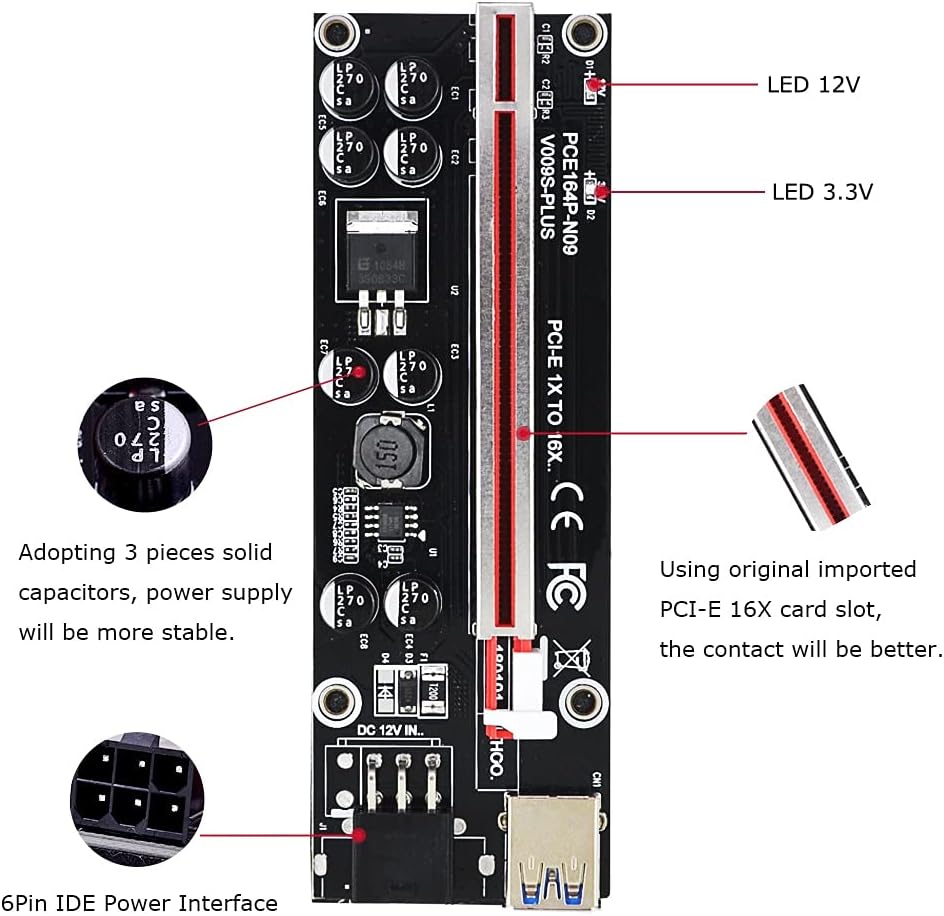 KLVN 500PCS VER009S Plus PCI-E Riser Card PCIE 1X to 16X Extender 1M 0.6M USB 3.0 Cable 6Pin to SATA Power for Video Card (Color : Red)