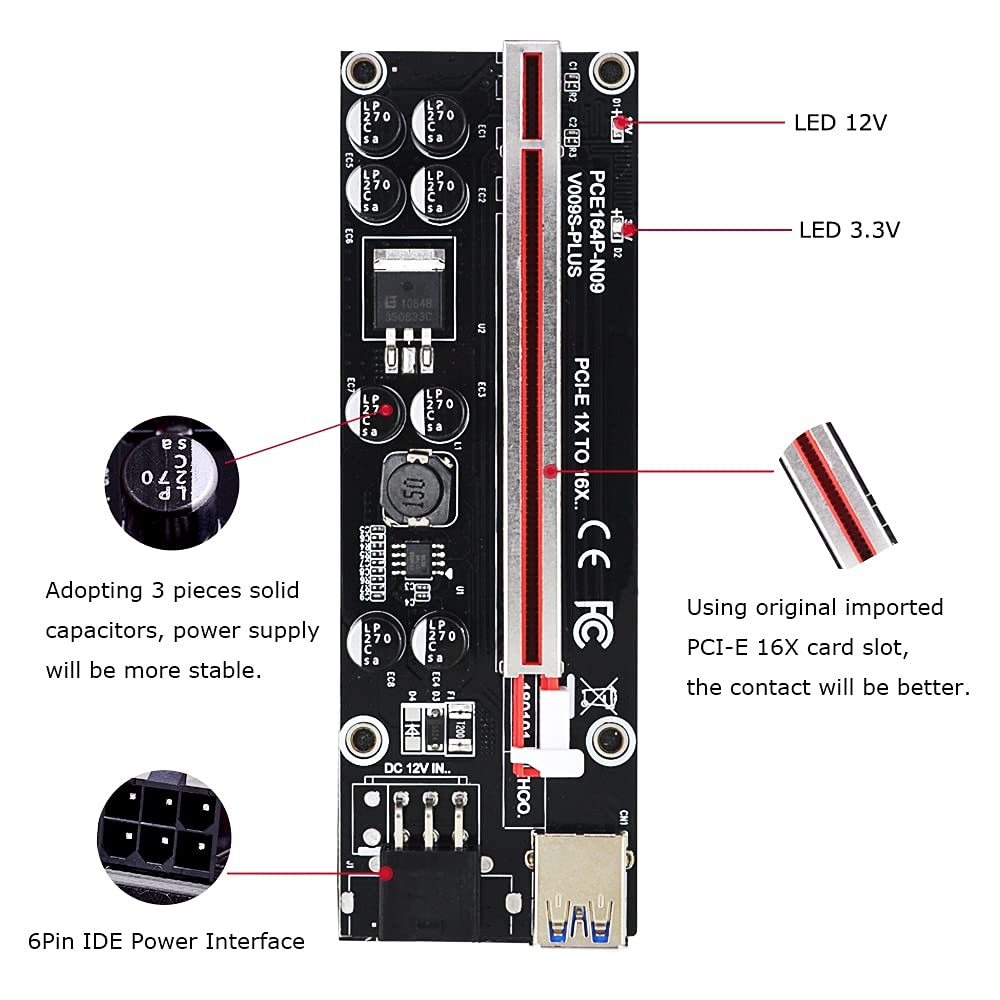 KLVN 500PCS VER009S Plus PCI-E Riser Card PCIE 1X to 16X Extender 1M 0.6M USB 3.0 Cable 6Pin to SATA Power for Video Card (Color : Red)