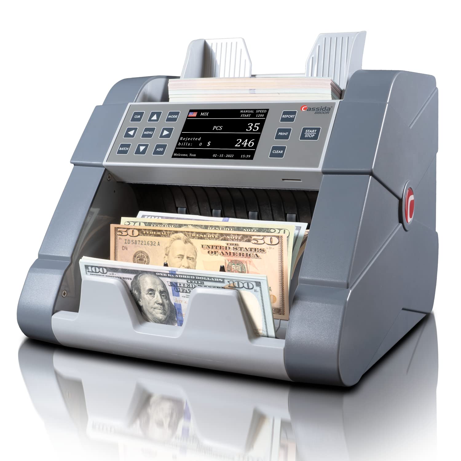 Cassida 9900R V2 2-Pocket Premium Bank Grade Money Counter Machine Mixed Denomination, Bill Sorter, Value Counting, Printer Enabled, 2 CIS, UV/MG, IR/IT Counterfeit Detection with Built-in Printer