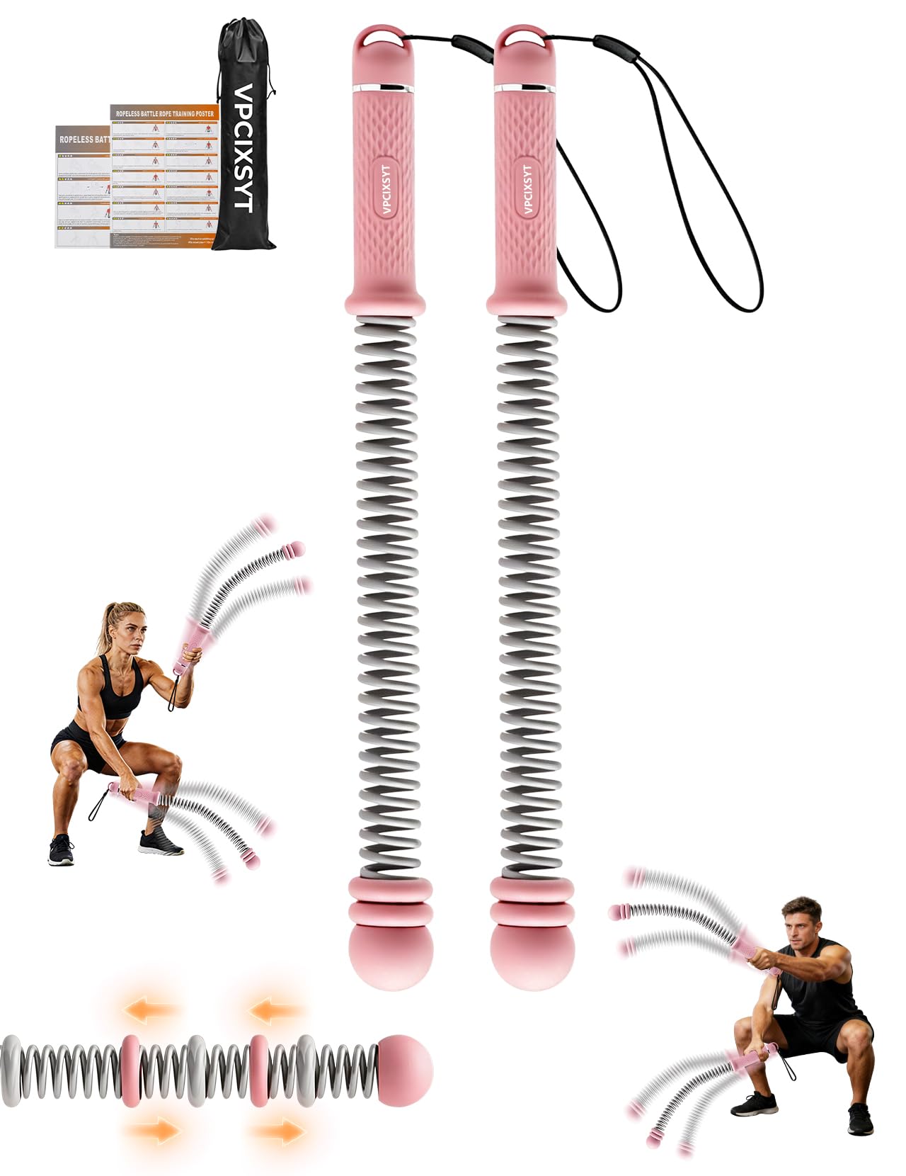 Cordless Battle Ropes 2 Pack Adjustable Weight Portable Ropeless Battle Ropes for Home Gym Full Body Workout with Non Slip Handle and Training Poster for HIIT Cardio Strength Training Men Women,Black