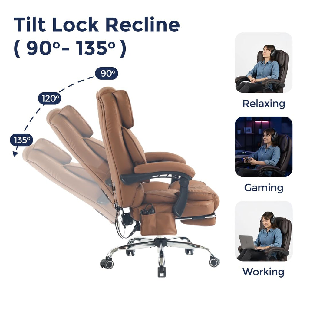 Ergonix Massage Office Chair with 2-Point Kneading & Heat | Reclining Ergonomic Executive Desk Chair | Adjustable Height Footrest Lumbar Support | 500 lbs Capacity | Dark Brown Leather