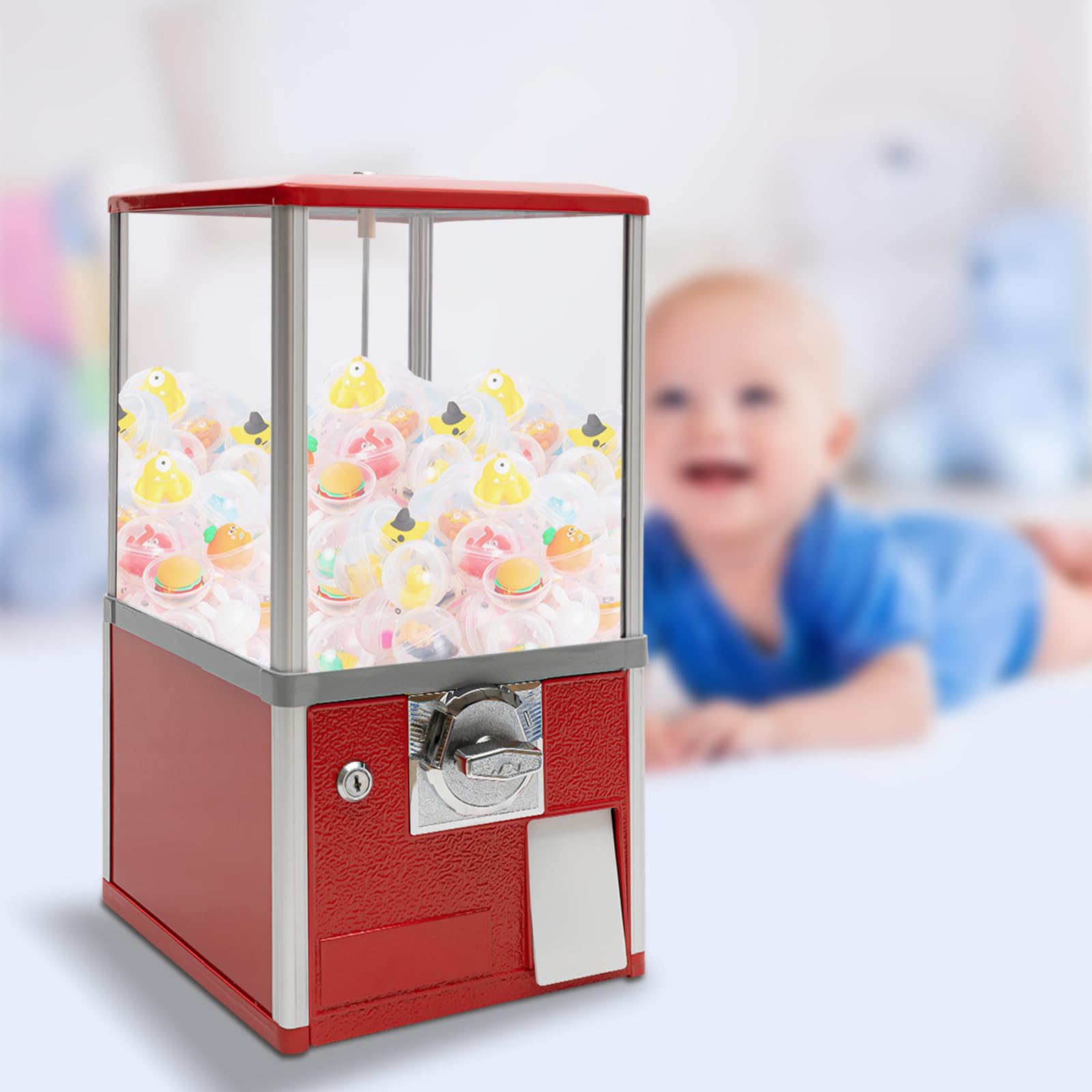 Big Commercial Capsule Vending Machine, 4-Side 25 Cent Coin Operated Gumball & Toy Dispenser, Freestanding Candy Machine for Bouncy Balls, Party Favors, Small Business, Multicolor (Yellow)