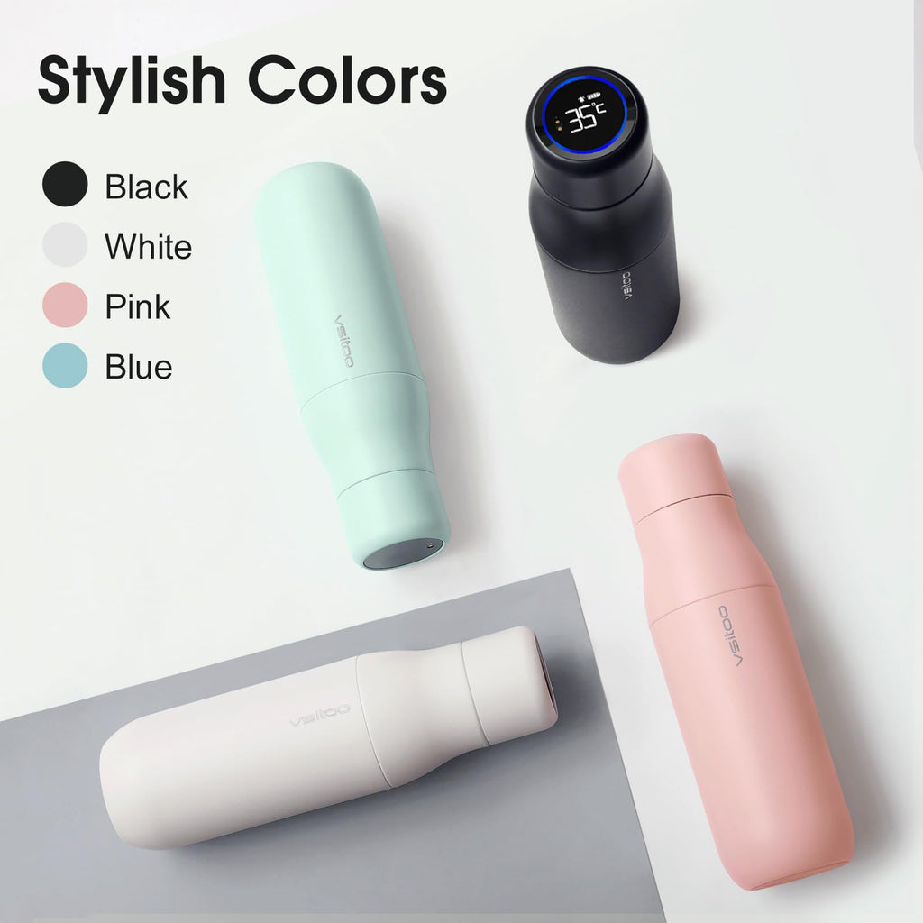 VSITOO 15oz Mini Smart Water Bottle，Self-Cleaning Insulated Bottle, Small Thermoses with AI, App & Touchscreen, Perfect Purse Water Bottle for Travel, Gym & Office, Pink