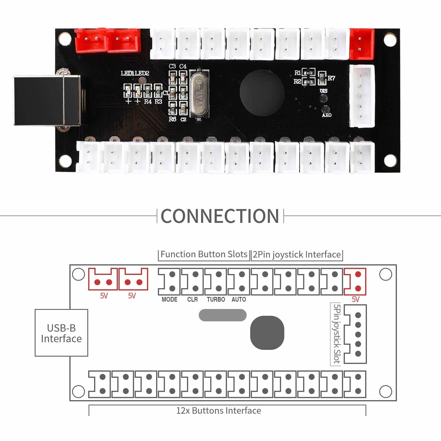 Guwarry 2-Player Zero Delay USB Encoder PC to HAPP Joysticks/HAPP Arcade Buttons for PC, MAME, Raspberry Pi, Arcade1Up - Three 5V Power Output for led Joysticks/LED Daisy Chain/LED Arcade Buttons