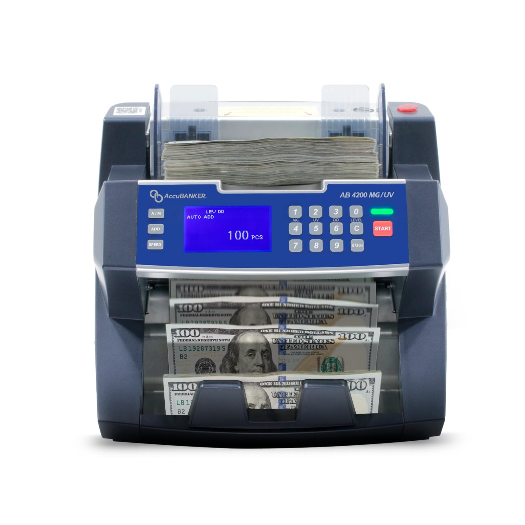 AccuBANKER AB4200MGUV Bill Counter Machine, 300 Bills Hopper Capacity Variable Counting Speeds up to 1,800 Bills/Min with 3-Point Counterfeit Detector Magnetic Ultraviolet, Commercial Grade, UL & CE