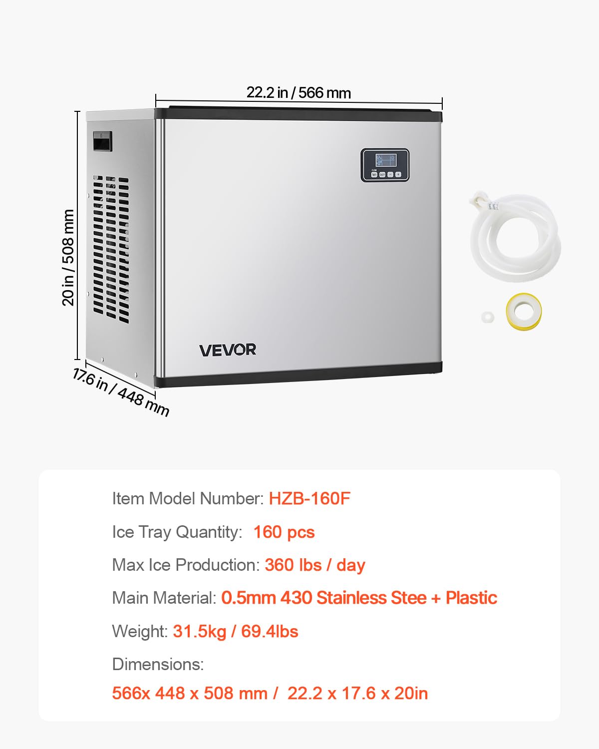 VEVOR Commercial Ice Maker Machine - Head, 300 Lbs/Day Stainless Steel Ice Machine with Scheduled Ice-Making, Self-Cleaning, Adjustable Thickness, Ideal for Restaurant Bar Cafe Hotel - Head Only