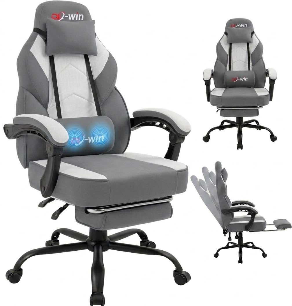 Shintenchi Big and Tall Gaming Chair Fabric Pocket Spring Cushion,High Back Recliner with Footrest and Headrest for Adults, Massage Lumbar Support for Home Office, Ergonomic Computer Desk Chair, Blue
