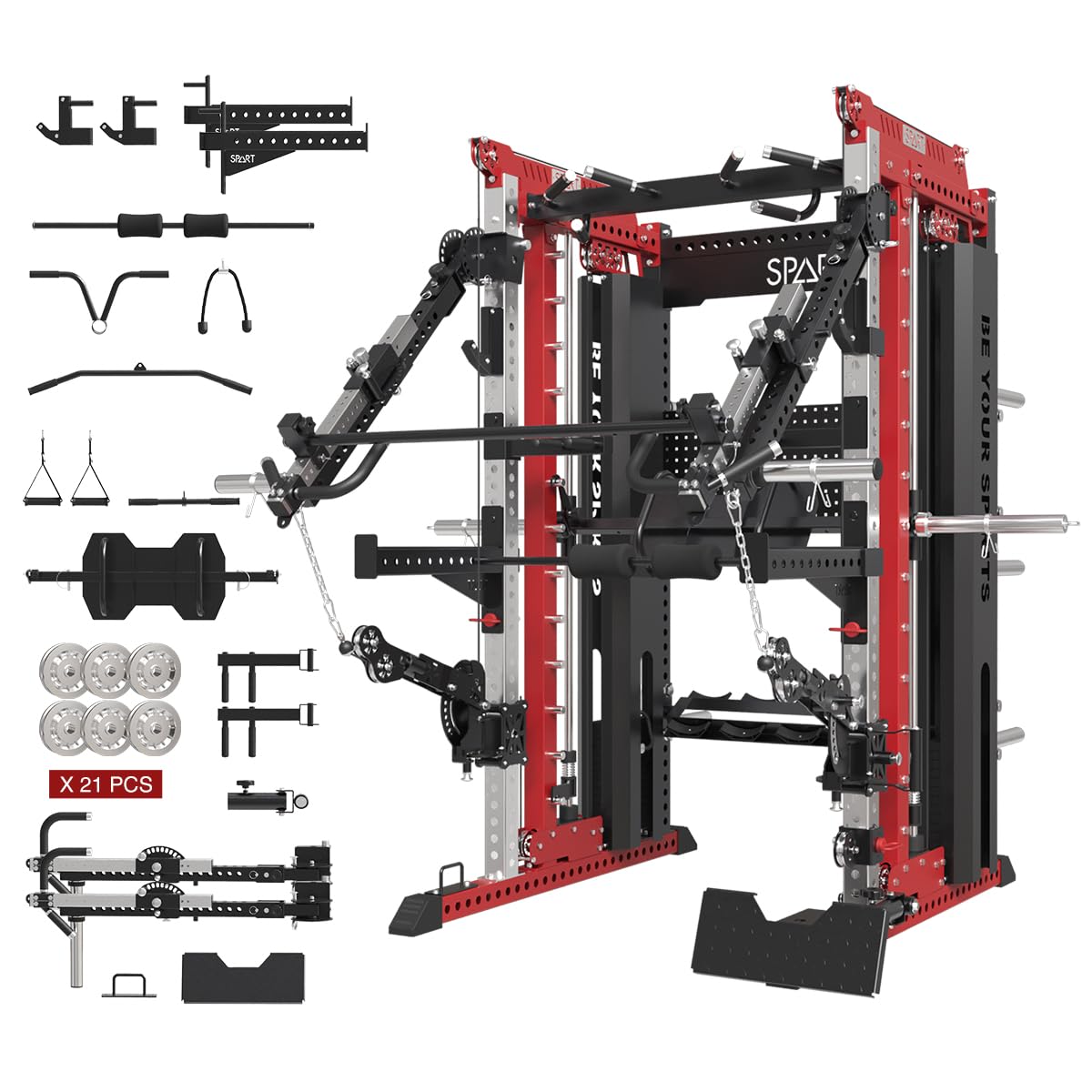 Commercial Smithe Machine with Weight Stack, All-in-One Power Cage Squat Rack Home Gym System with Leg Press Attachment & Cable Crossover, Multi-Functional Trainer with Dual Pulley System for Home Gym