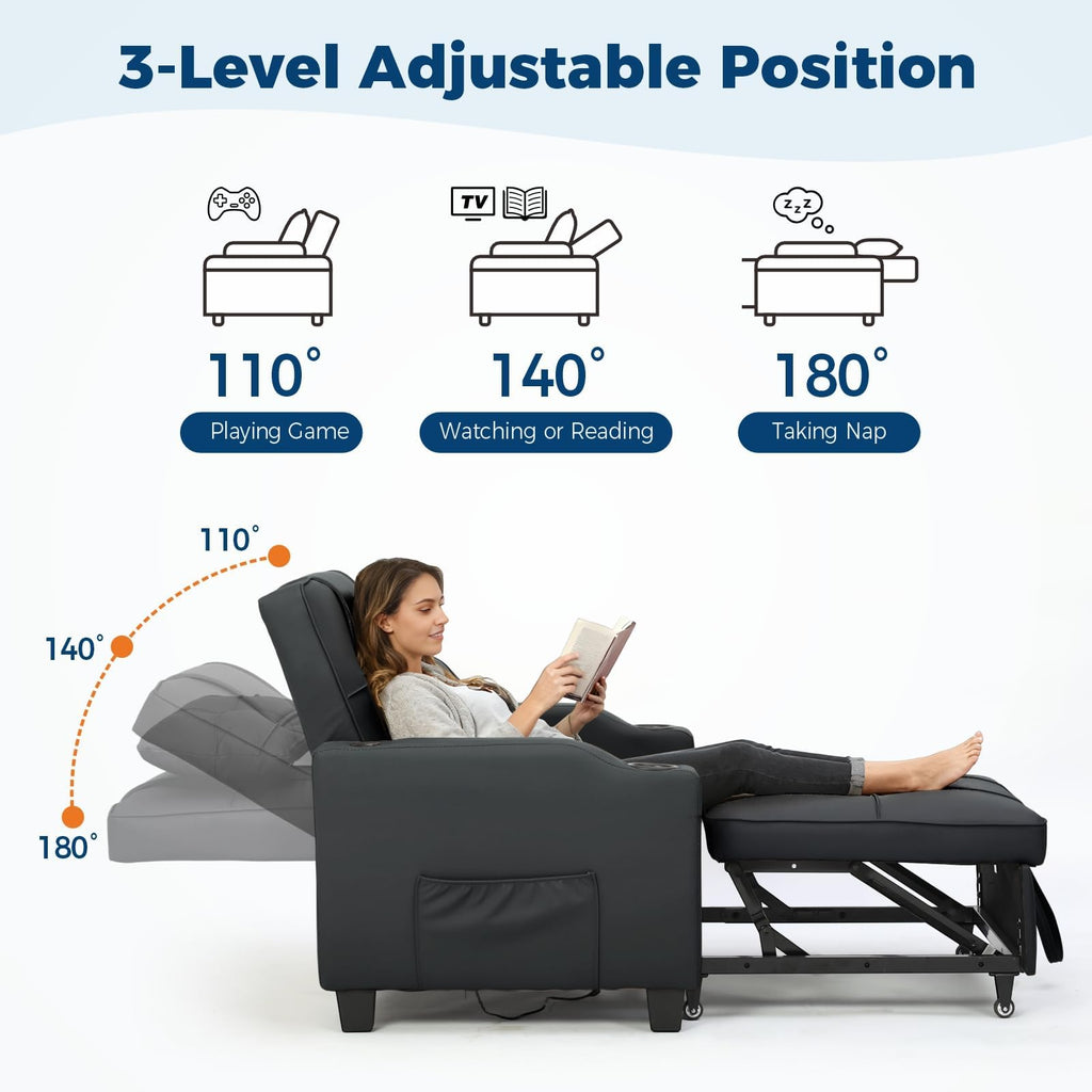 Sleeper Chair Pull Out Bed, 4 in 1 Convertible Sofa Chair Bed with Vibration Massage Lumbar Pillow, Single Sofa Recliner with USB/Type-C Port, Cup Holders and Side Pocket for Small Spaces (Brown)