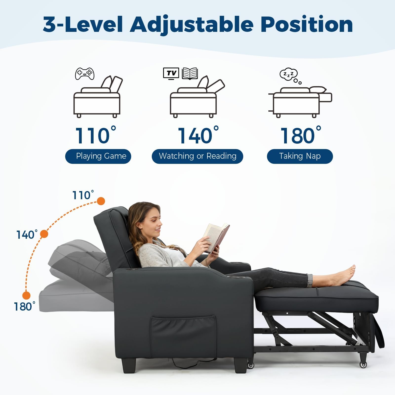 Sleeper Chair Pull Out Bed, 4 in 1 Convertible Sofa Chair Bed with Vibration Massage Lumbar Pillow, Single Sofa Recliner with USB/Type-C Port, Cup Holders and Side Pocket for Small Spaces (Brown)