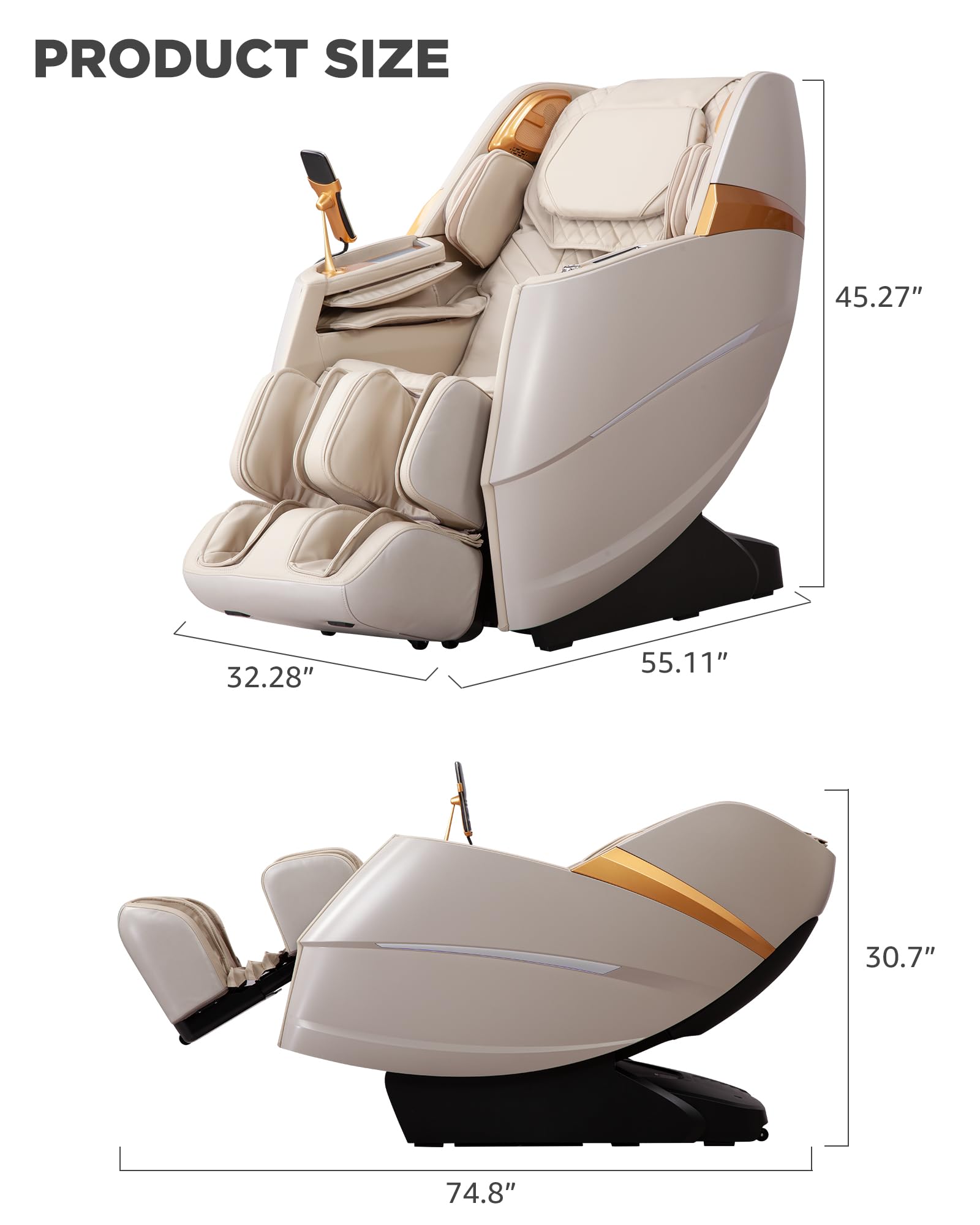 Oversize 4D Massage Chair Full Body Zero Gravity Massage Recliner Chair SL Track Motorized Extension Calf Kneading Massage Yoga Stretch Back Heating 20 Modes Space Saving AI Control Ivory