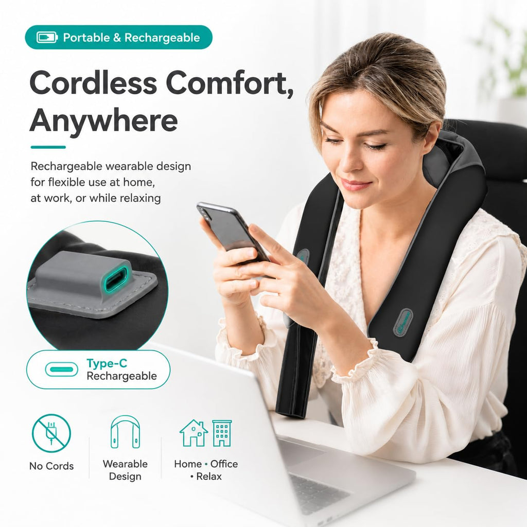 Snailax Cordless Neck Massager with Heat for Pain Relief Deep Tissue, 4D Kneading,Rechargeable Shiatsu Back Neck Massager for Neck, Shoulders Back，Gift for Father