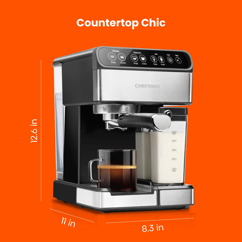 Chefman Crema Deluxe Espresso Machine with Double Boiler, Use Milk Frother and Brew Espresso Simultaneously, Professional Coffee Maker with Coffee Grinder and Steam Wand, 30 Grind Settings