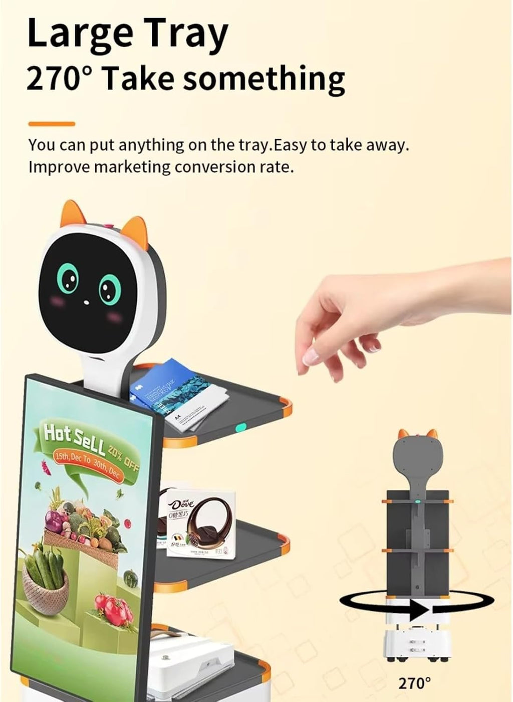 Automatic Food Delivery Robot with Smart Tray Sensor, Vehicle-Grade Damping Chassis for Restaurant Hotel, Waiter Robot with Cruise Broadcast & HD Touch Screen for Marketing Display