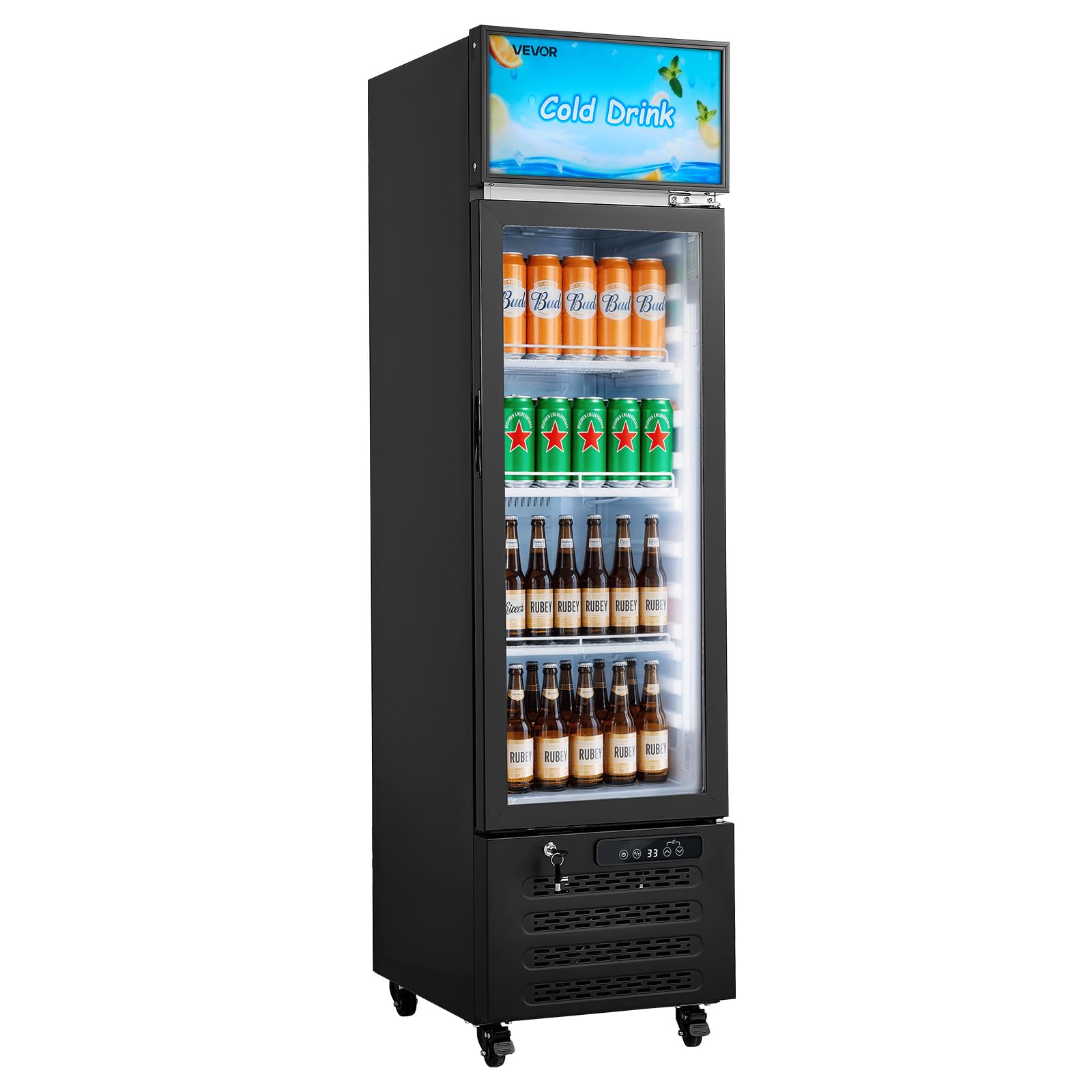 VEVOR Commercial Merchandiser Refrigerator, 6.9 Cu.Ft / 195L Glass Door Display Refrigerator, Upright Beverage Cooler Fridge with 4 Adjustable Shelves, Soft LED Light & Casters for Homes Shops Bars