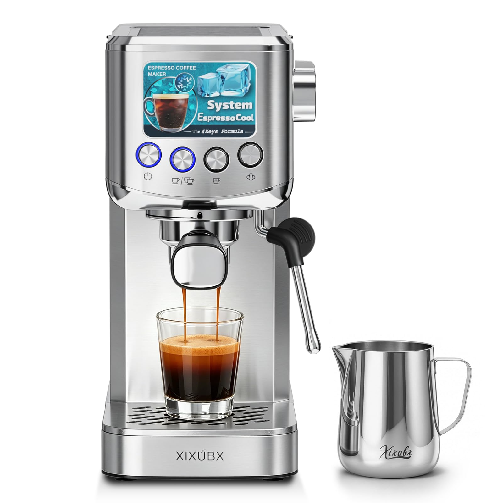 XIXUBX 20 Bar Espresso & Cold Brew Coffee Maker with Milk Frother, 42oz Removable Tank, Stainless Steel, Perfect for Cappuccino, Latte, Home & Office, Silver