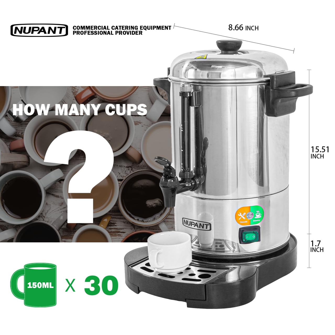 NUPANT Commercial Coffee Urn 100 Cup/15L Coffee Dispenser with Upgraded Percolator, Double Wall 304 Stainless Steel Hot Water Urn Beverage Dispenser, Keep Warm Large Coffee Maker for Catering Party
